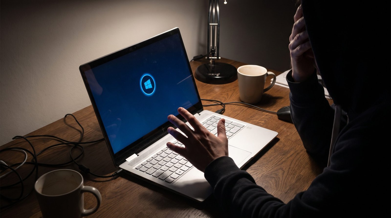 Pessoa frustrada no escritório com as mãos no teclado de um notebook travado na tela de carregamento do sistema.
