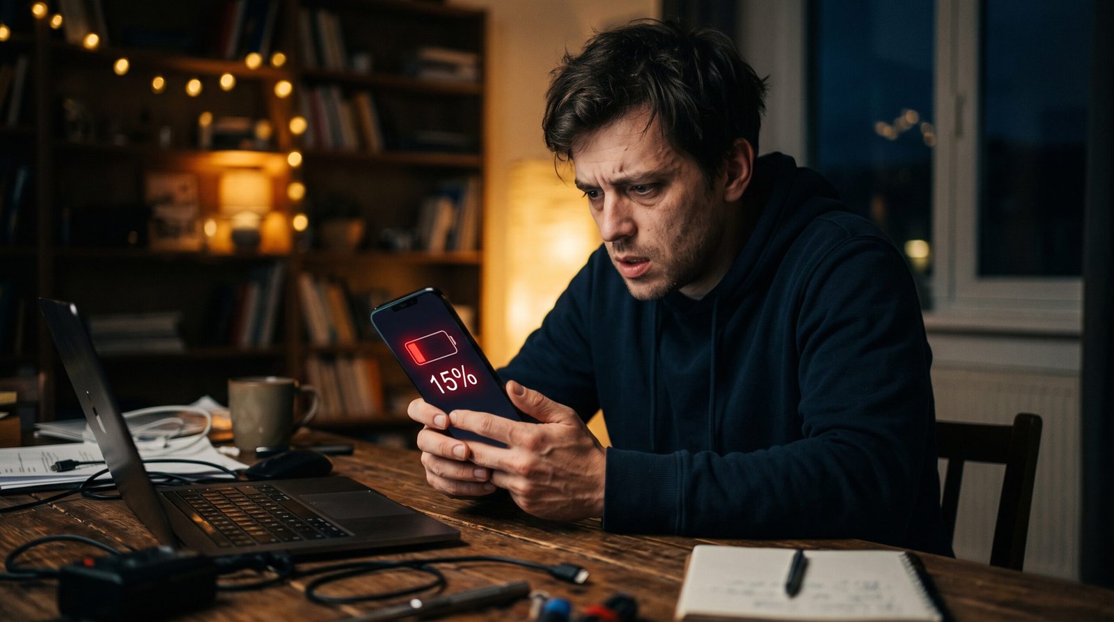 Pessoa frustrada no escritório segurando o smartphone que exibe um grande alerta de 15% de bateria fraca na tela.