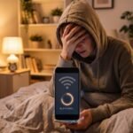 Pessoa frustrada no quarto escuro sentada na cama tentando usar o celular que está sem sinal de internet Wi-Fi.