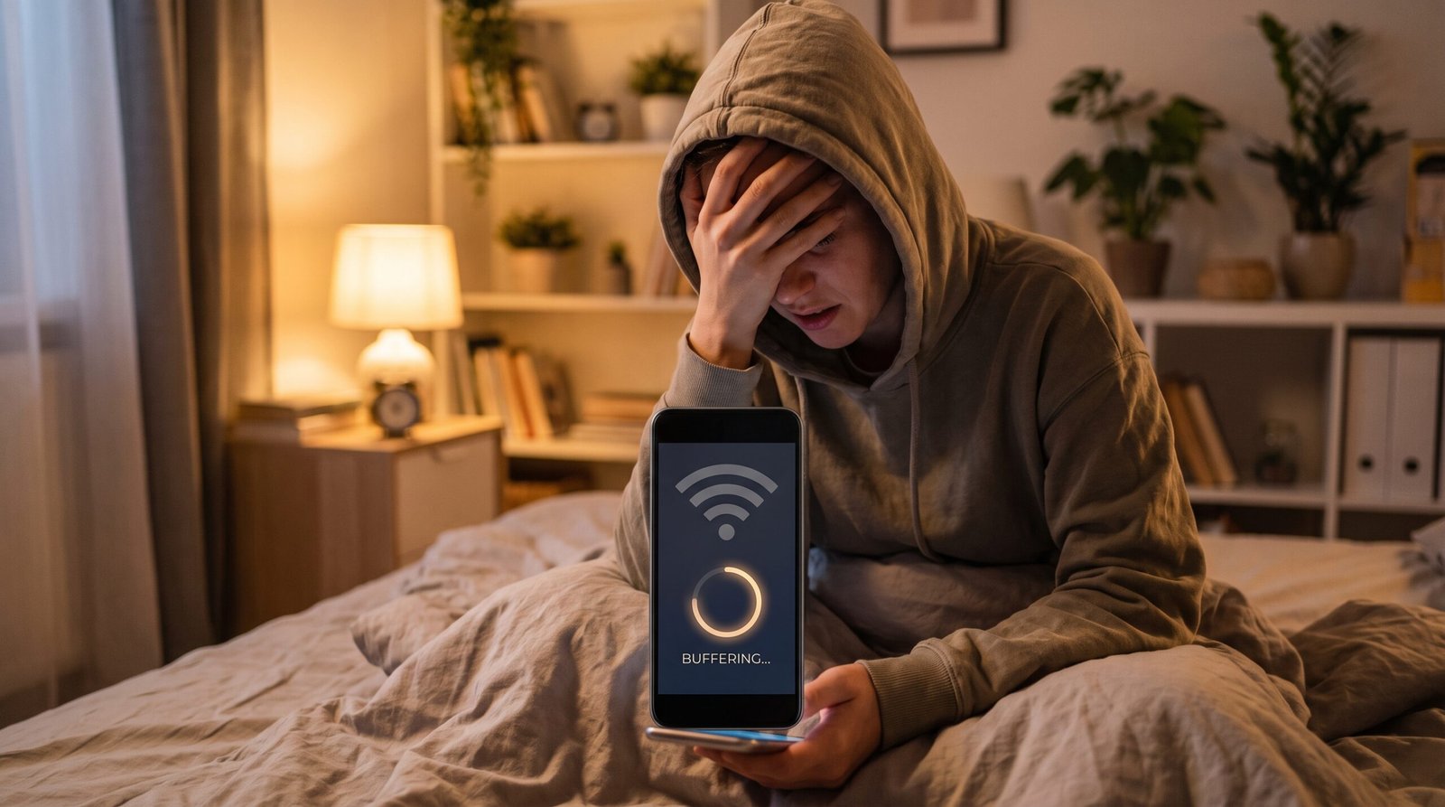 Pessoa frustrada no quarto escuro sentada na cama tentando usar o celular que está sem sinal de internet Wi-Fi.