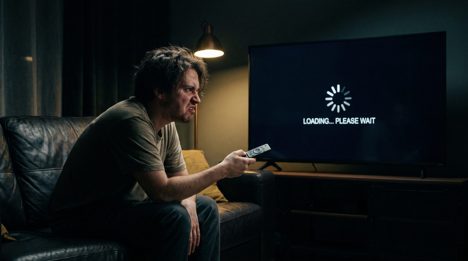 Pessoa frustrada no sofá apontando o controle para uma Smart TV com a tela travada no carregamento.