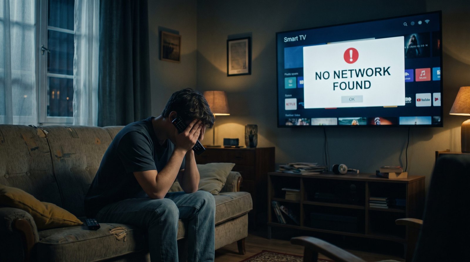 Pessoa frustrada no sofá da sala segurando o controle remoto, olhando para a Smart TV que exibe a mensagem de que não encontrou rede Wi-Fi.