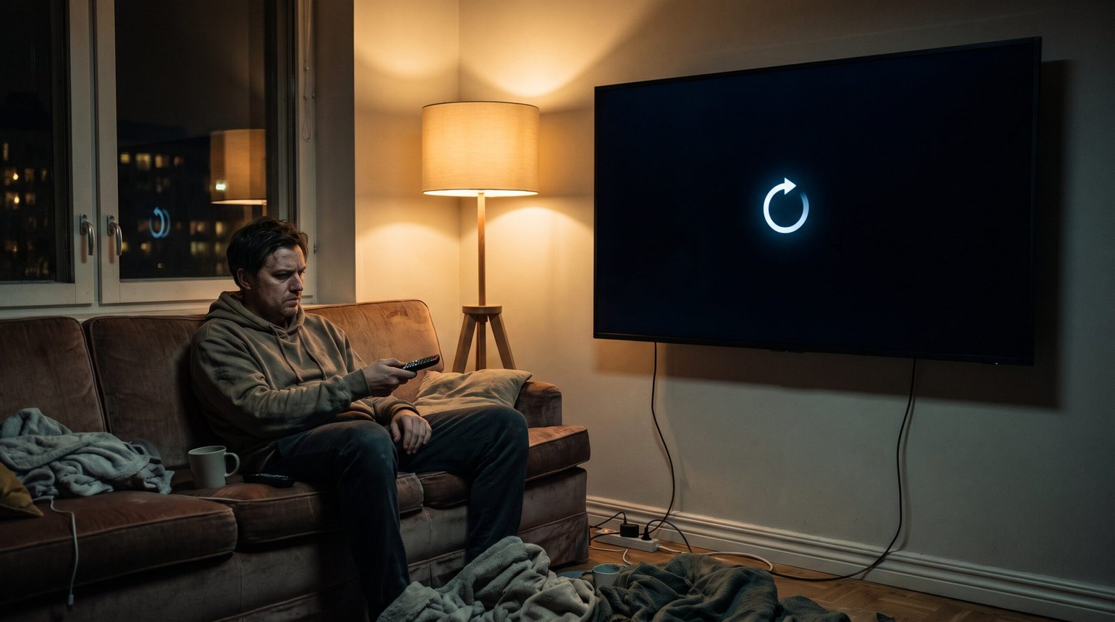 Pessoa frustrada no sofá da sala segurando um controle remoto enquanto a Smart TV reinicia sozinha no escuro.