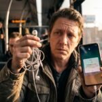 Pessoa frustrada no transporte público segurando o cabo do fone de ouvido sem entender por que o celular não reconhece o som.
