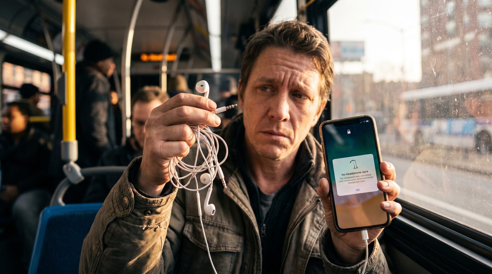 Pessoa frustrada no transporte público segurando o cabo do fone de ouvido sem entender por que o celular não reconhece o som.