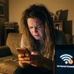 Pessoa frustrada olhando para o celular que exibe o ícone de Wi-Fi cheio com o aviso de conectado mas sem internet.