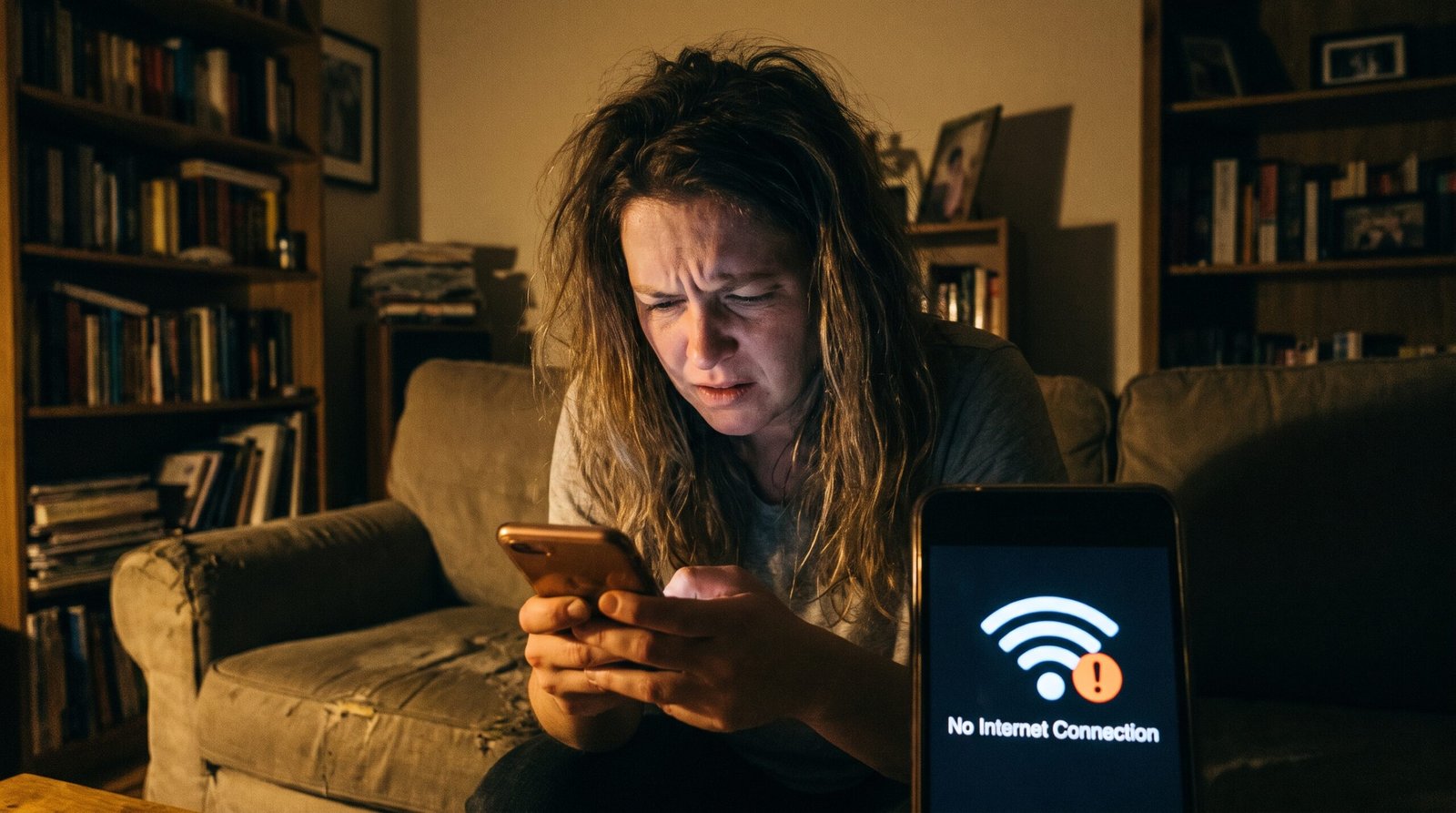 Pessoa frustrada olhando para o celular que exibe o ícone de Wi-Fi cheio com o aviso de conectado mas sem internet.