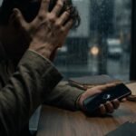 Pessoa frustrada segurando um smartphone que está com a tela preta exibindo apenas o logotipo de reinicialização.