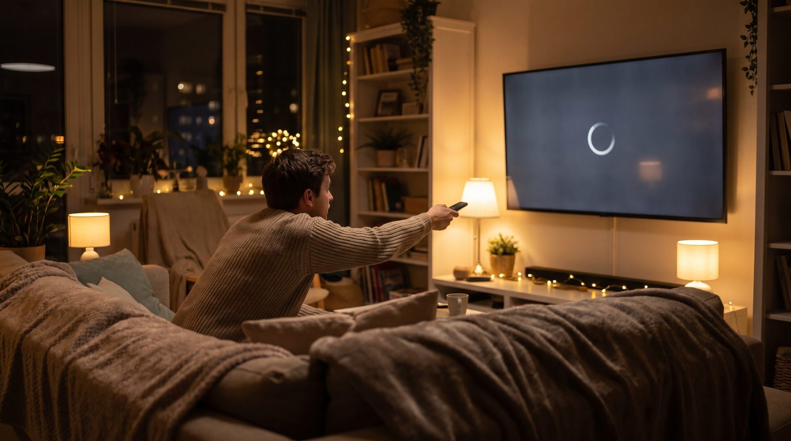 Pessoa sentada no sofá com o controle remoto na mão tentando acessar aplicativo na Smart TV que exibe tela de carregamento.