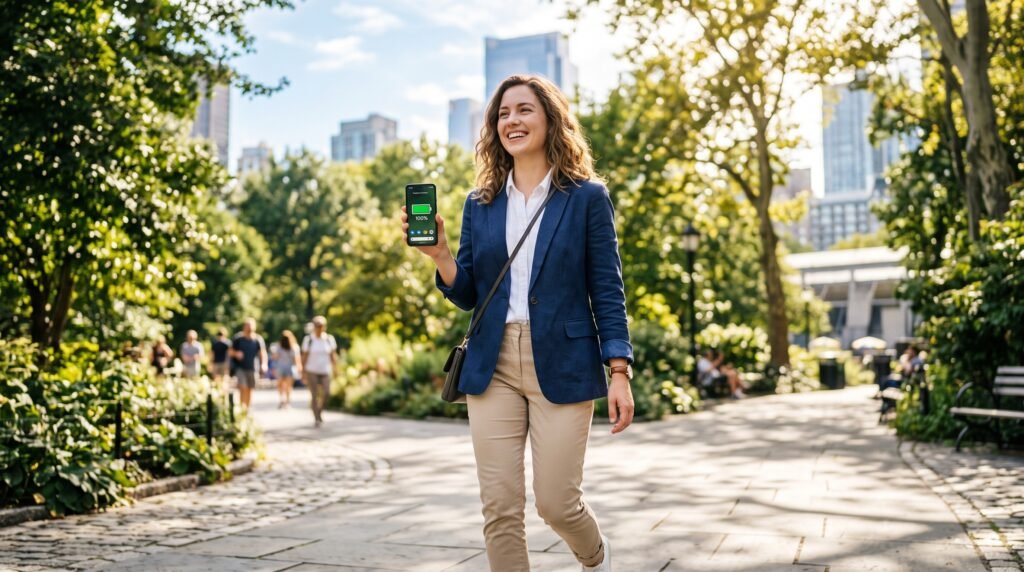 Profissional jovem e aliviada caminhando no parque segurando o celular com 100% de bateria verde, livre da ansiedade por tomadas.