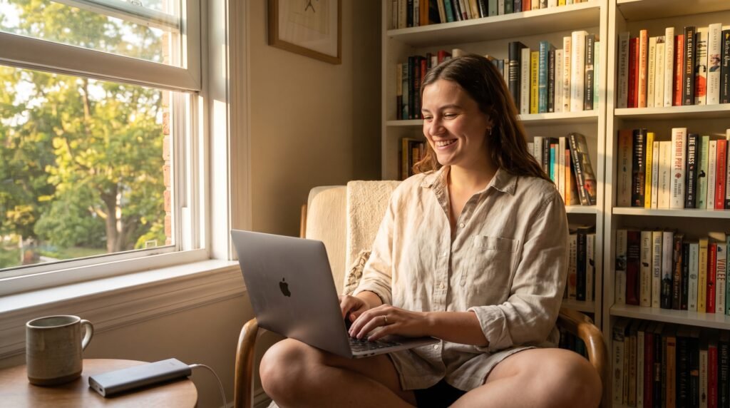 Profissional jovem e feliz digitando em seu notebook em um ambiente claro sem estar conectado na tomada, celebrando o sucesso da duração da carga.