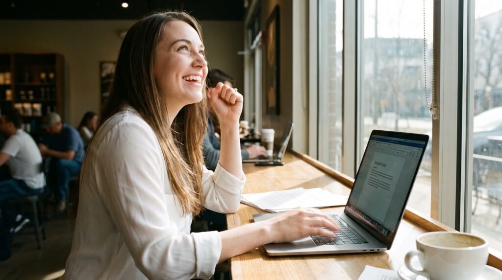 Profissional jovem e feliz digitando em seu notebook que voltou a funcionar rapidamente após o conserto em casa.