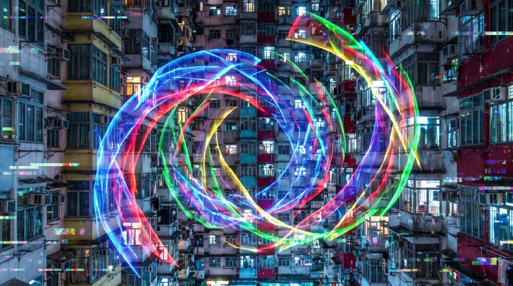 Representação digital abstrata do congestionamento e severa interferência de canais de Wi-Fi entre vizinhos de apartamento.