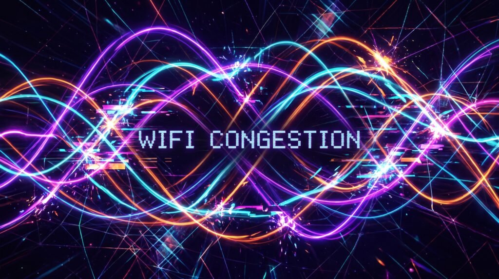 Representação digital de congestionamento de canais Wi-Fi com ondas de rádio se chocando.