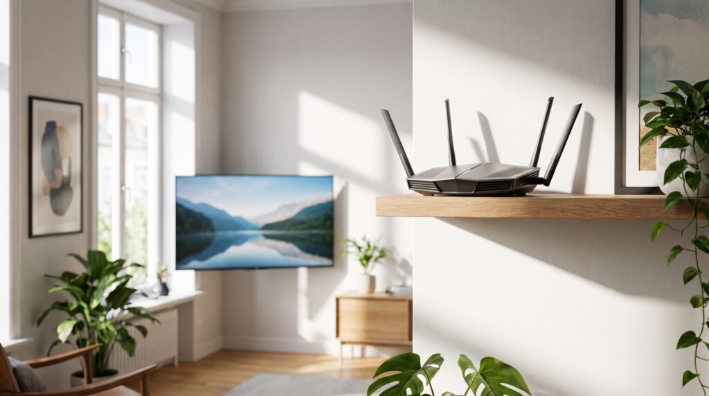 Roteador Wi-Fi moderno com antenas posicionado corretamente no alto de uma prateleira livre na sala de estar, sem obstruções de sinal.
