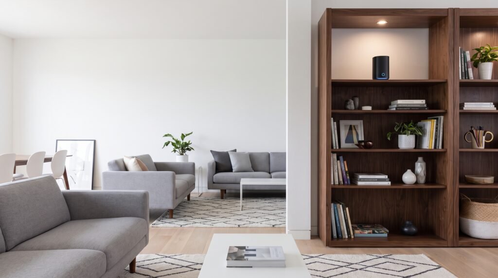 Roteador Wi-Fi posicionado corretamente no alto de uma estante na sala para garantir a melhor cobertura de sinal.