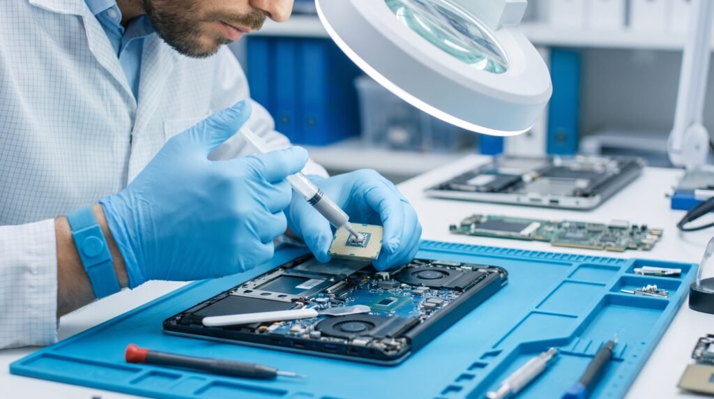 Técnico especializado aplicando pasta térmica nova no processador de um notebook.