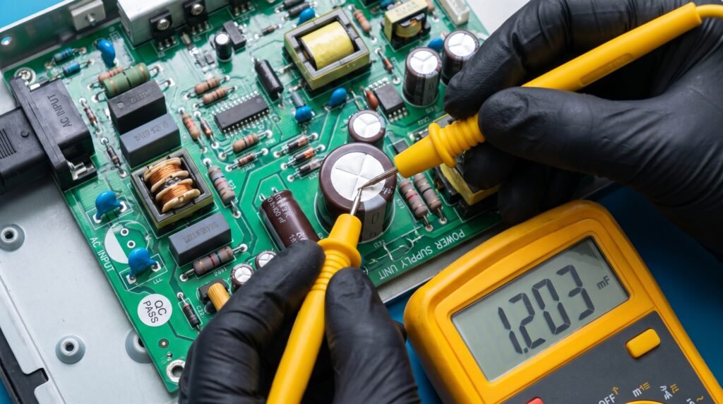 Técnico profissional de luvas usando um multímetro para testar as peças eletrônicas da placa principal de uma Smart TV.