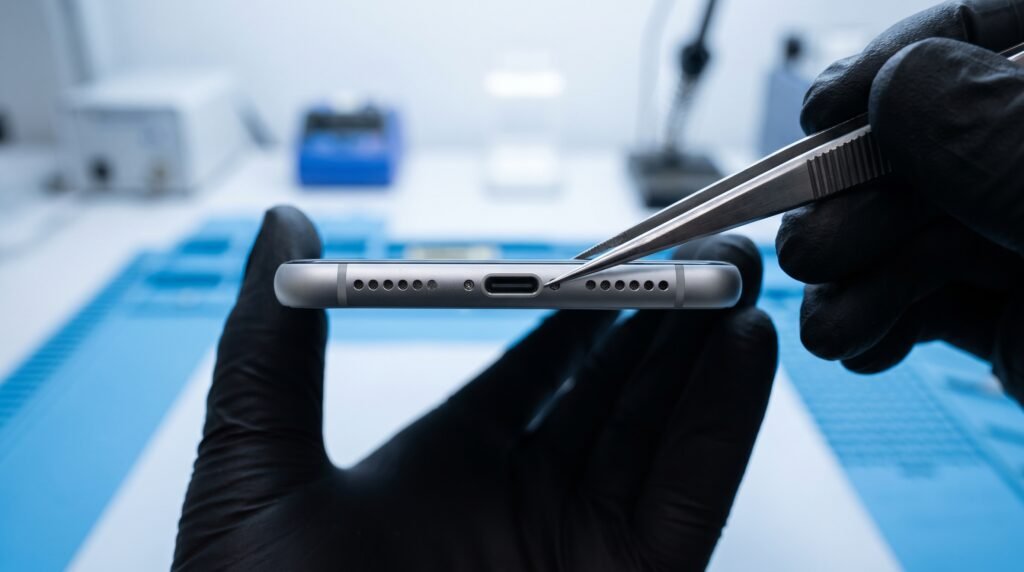 Técnico usando luvas pretas e pinça de precisão inspecionando a porta de carregamento na parte inferior de um celular.