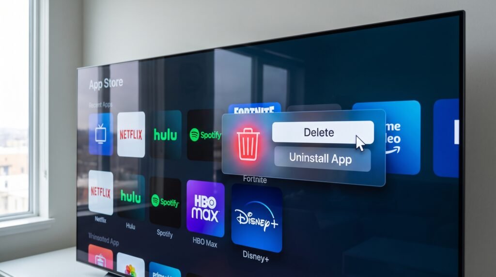 Tela da televisão mostrando o menu interno do sistema com a opção de desinstalar aplicativos não utilizados.