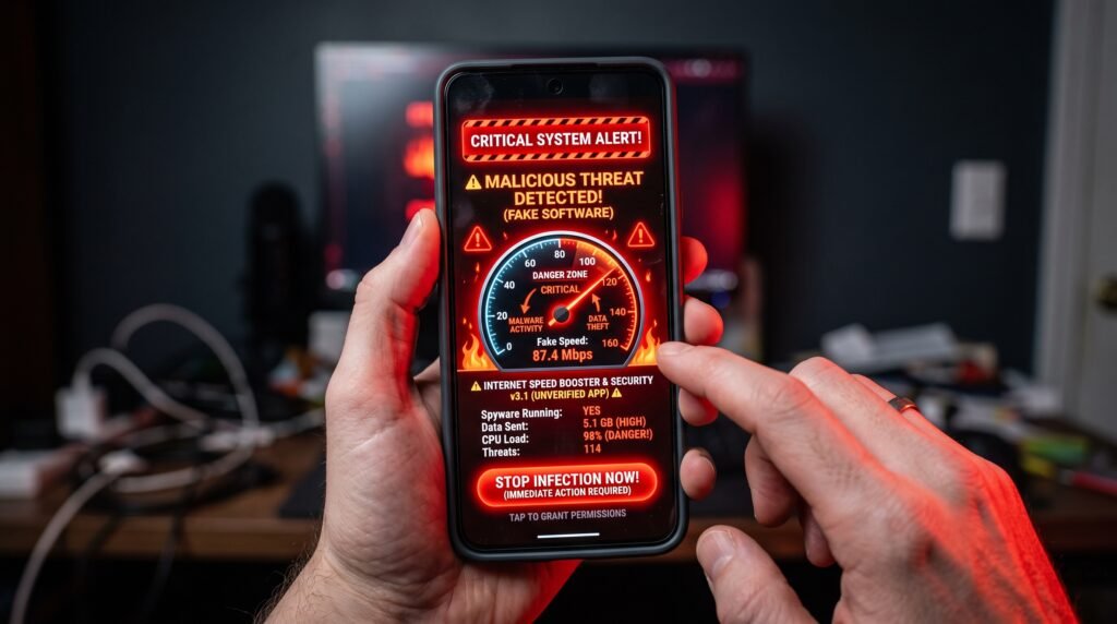 Tela de celular exibindo um aplicativo falso e perigoso de acelerador de internet, ilustrando o perigo de malwares e vírus na rede.