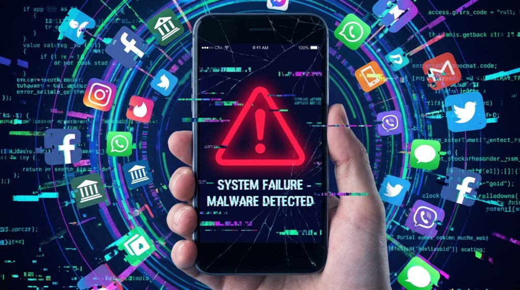 Tela de celular exibindo um grande alerta de perigo em vermelho cercado por códigos que representam a infecção por vírus.
