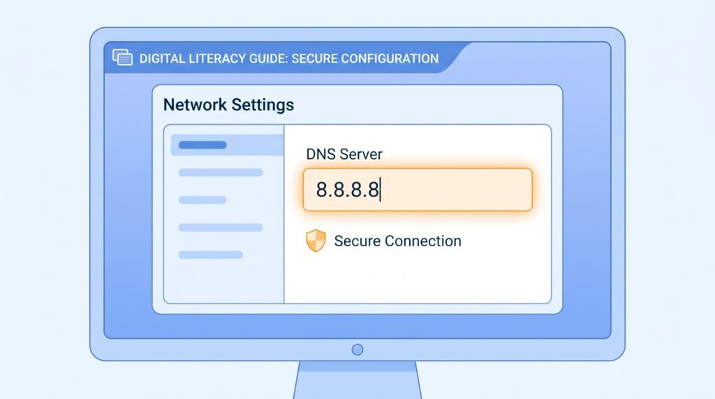 Tela de computador exibindo a configuração de rede com o número do servidor DNS do Google sendo digitado.