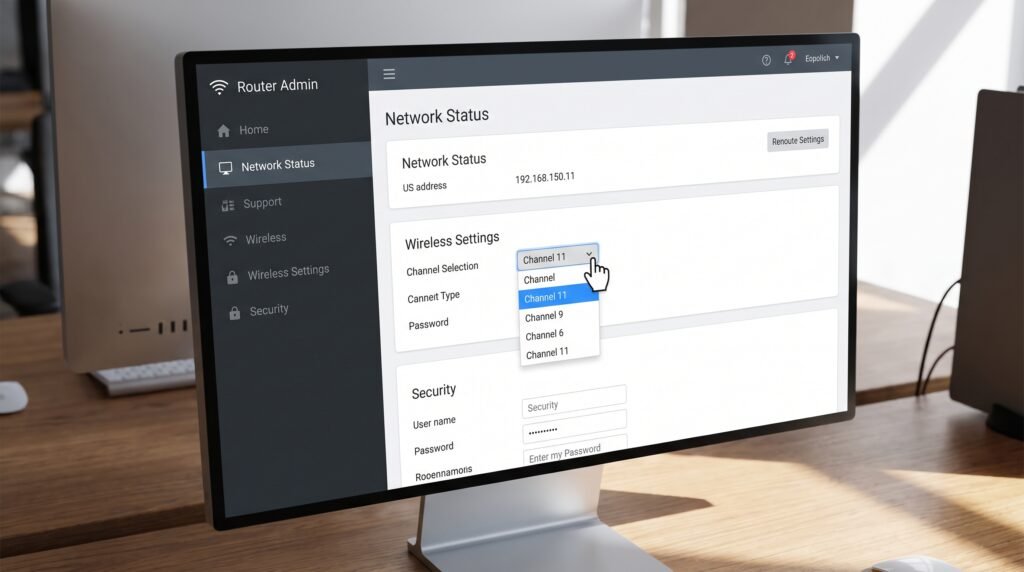 Tela de computador mostrando o painel do roteador com a mudança de canal Wi-Fi selecionada.