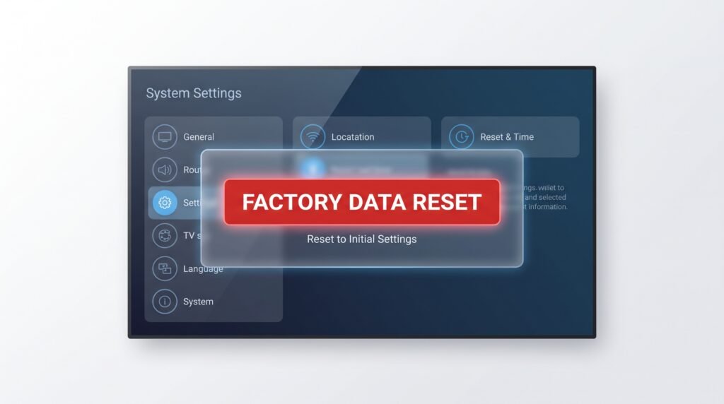 Tela de configuração da Smart TV exibindo o menu com o botão em destaque para realizar a restauração de fábrica.