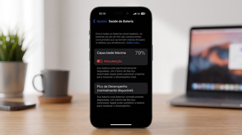 Tela de configuração de bateria do sistema exibindo a capacidade máxima em 79% com aviso de manutenção necessária.