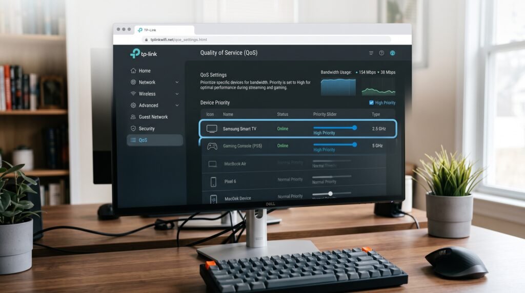 Tela de configuração do roteador exibindo a função QoS sendo ativada para dar prioridade à Smart TV e ao videogame.