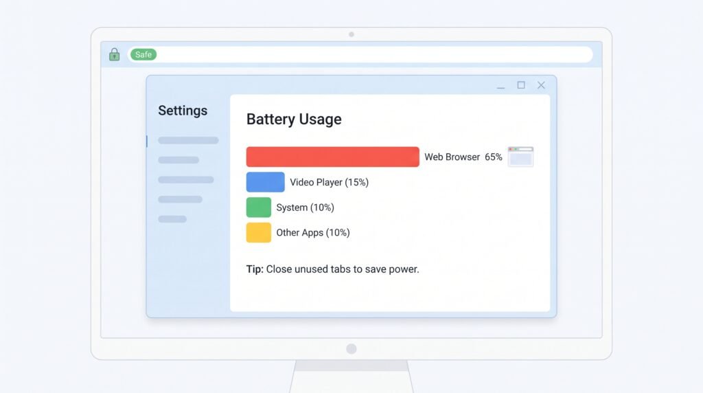 Tela de configuração do sistema exibindo o gráfico de consumo da bateria, mostrando o navegador de internet devorando grande parte da carga.