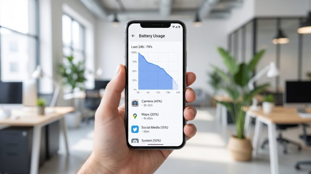 Tela de configurações do celular exibindo o gráfico de uso de bateria e consumo de aplicativos.