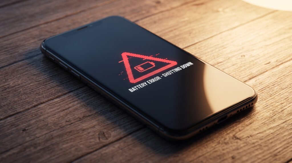 Tela de um smartphone exibindo falhas e um símbolo de aviso antes de reiniciar sozinho em cima da mesa.