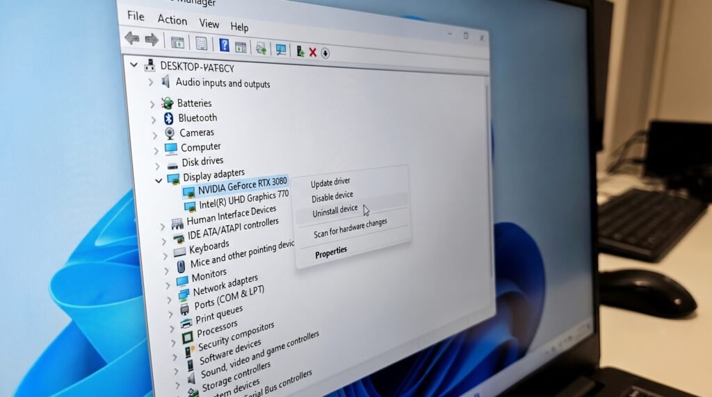Tela do Gerenciador de Dispositivos do Windows mostrando a desinstalação do driver de vídeo.
