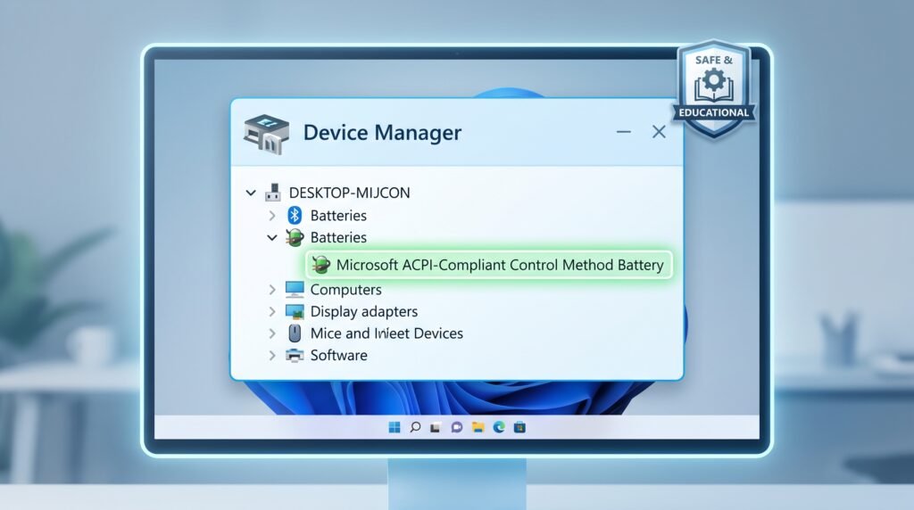 Tela do Gerenciador de Dispositivos do Windows mostrando o driver de controle de bateria ACPI selecionado para desinstalação.