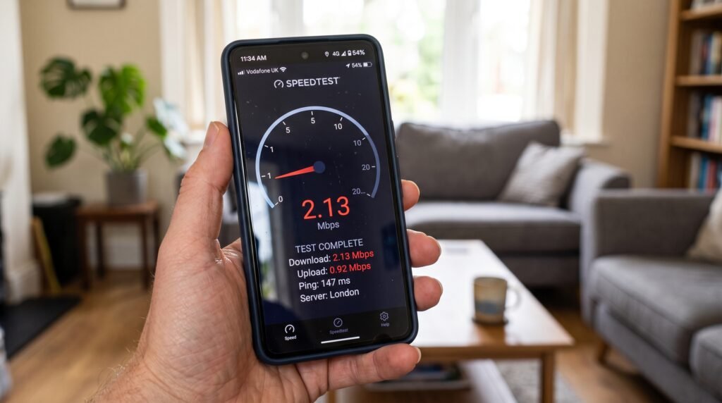 Tela do celular mostrando o aplicativo de teste de velocidade medindo uma conexão de internet muito fraca e lenta.