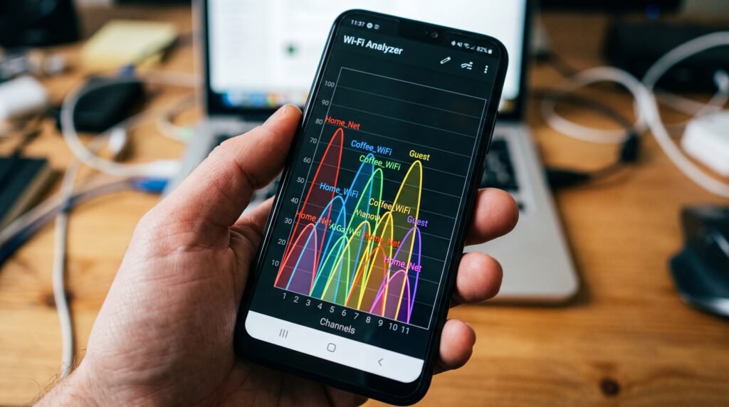 Tela do celular mostrando um gráfico do aplicativo analisador de Wi-Fi com redes concorrentes congestionando os canais de transmissão.