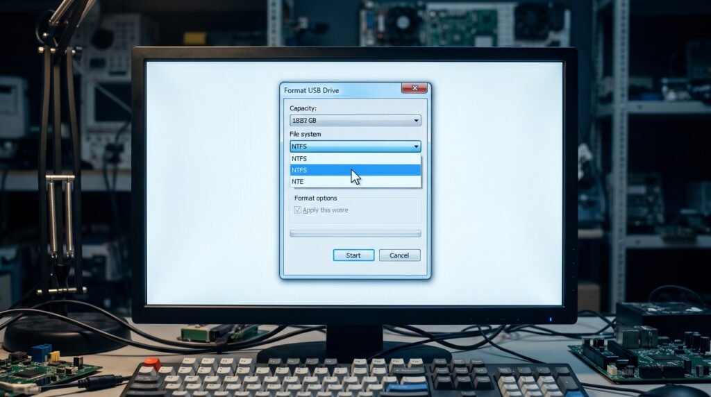 Tela do computador exibindo a janela de formatação do pendrive no formato NTFS pelo Windows.