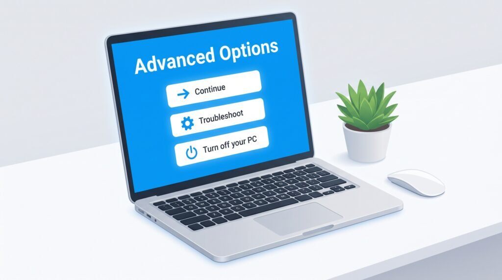 Tela do notebook exibindo o menu azul de opções avançadas de recuperação do Windows.