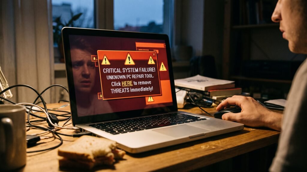 Tela do notebook exibindo um aviso falso e perigoso de programa antivírus prometendo consertar o PC magicamente.