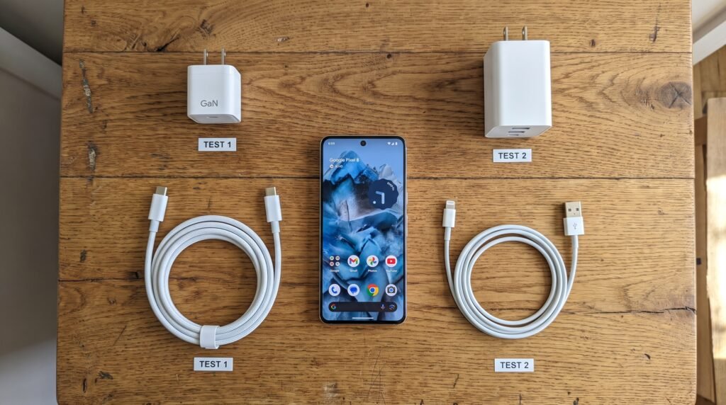 Teste de cabos de carregador de celular diferentes para diagnóstico de hardware.