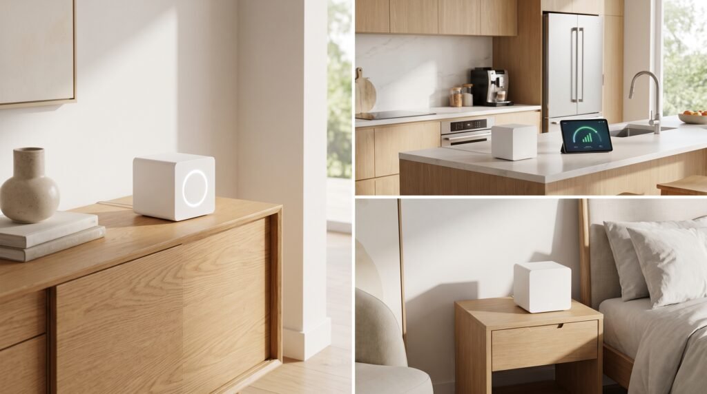 Três modernos roteadores do sistema Wi-Fi Mesh branco formato cubo colocados numa sala de estar bonita para resolver problema de sinal.