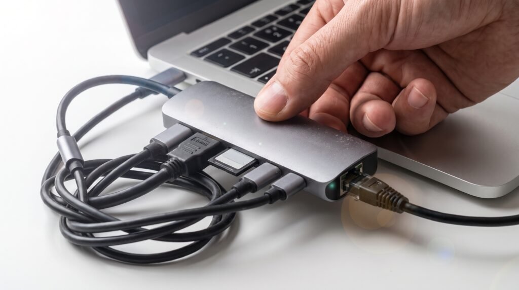 Usuário conectando um hub USB-C com vários cabos na lateral de um notebook fino.