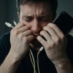 Usuário estressado segurando celular apagado que não carrega com o cabo original.