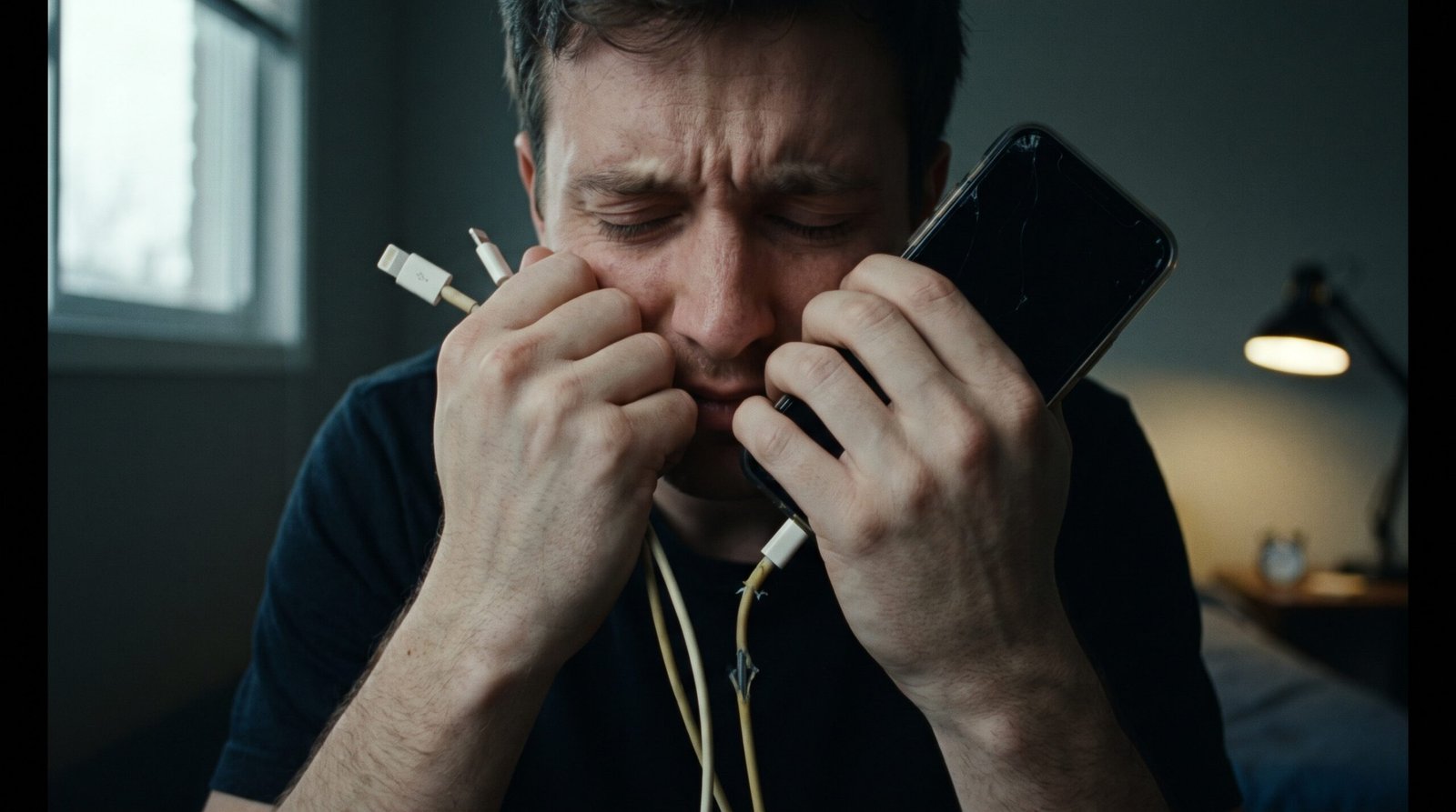 Usuário estressado segurando celular apagado que não carrega com o cabo original.