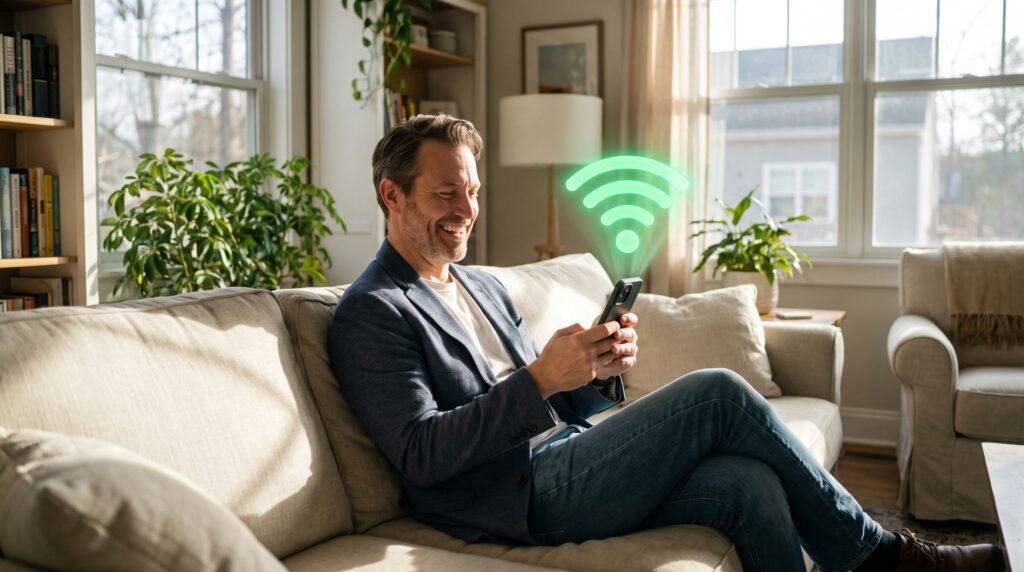 Usuário feliz e relaxado no sofá usando o celular com o ícone de Wi-Fi perfeitamente conectado e estável.