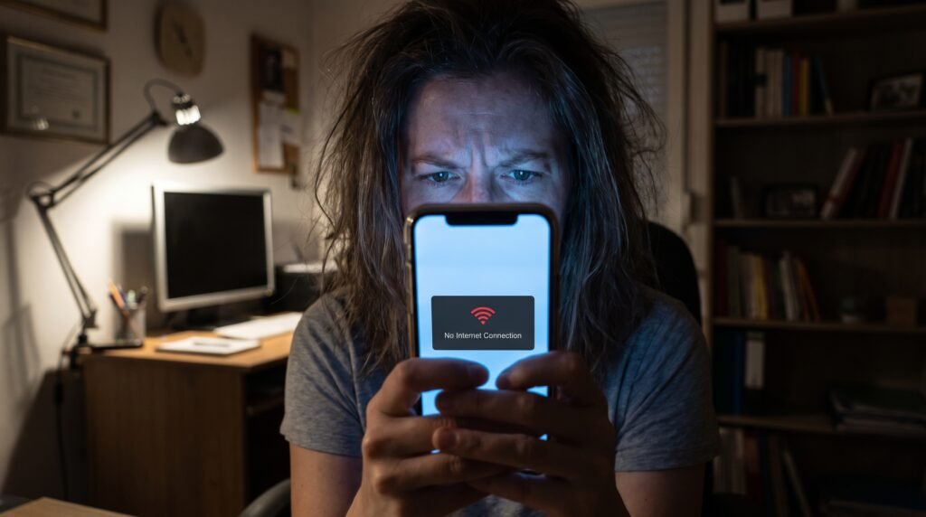 Usuário frustrado e estressado segurando o celular