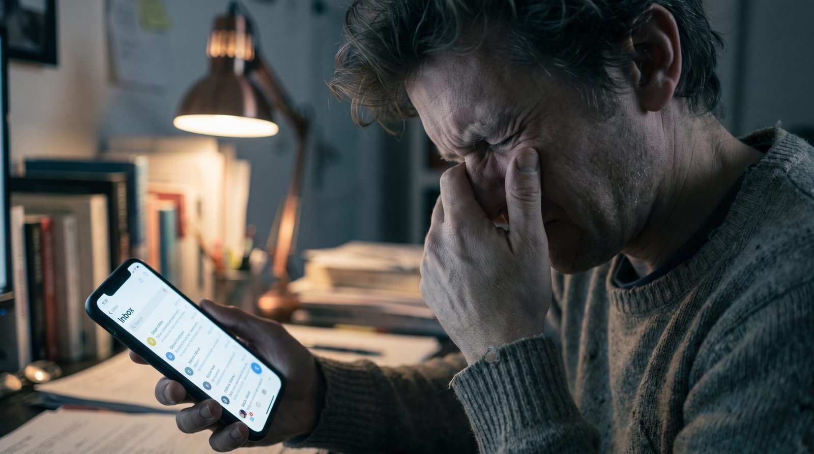 Usuário frustrado e estressado segurando o celular que exibe a mensagem de erro sem conexão Wi-Fi na tela.