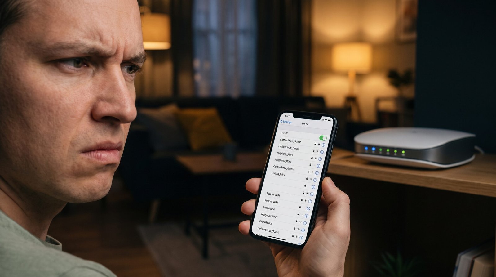 Usuário frustrado olhando a lista de Wi-Fi no celular que não exibe a própria rede.
